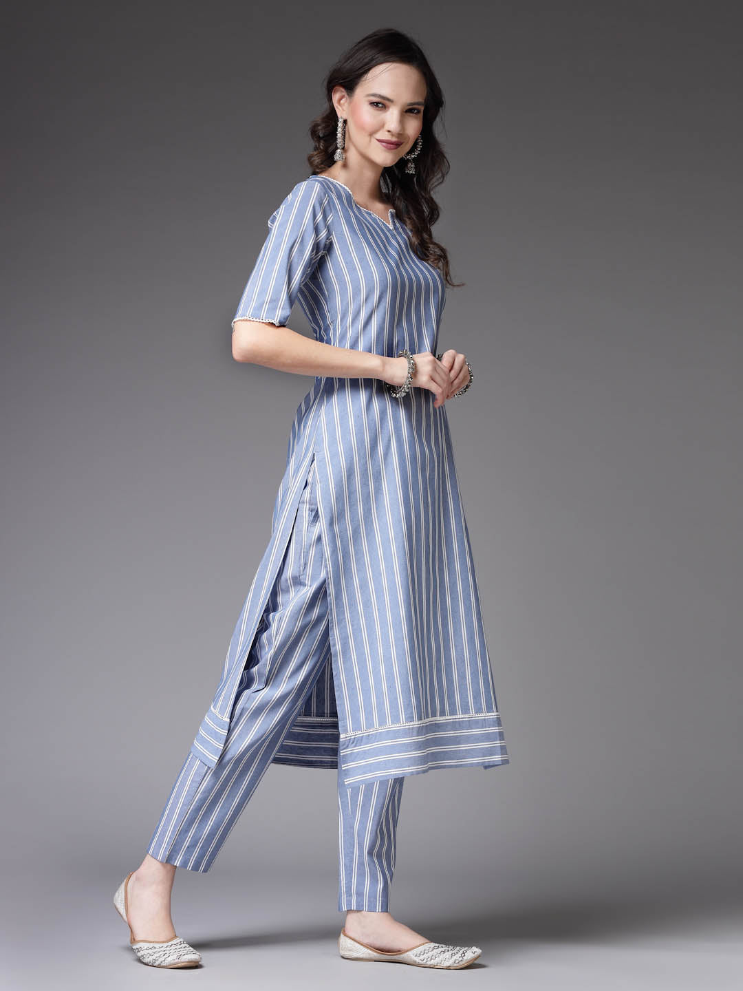 Woven Striped Cotton Blend Straight Kurta Pant Set