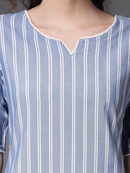 Woven Striped Cotton Blend Straight Kurta Pant Set