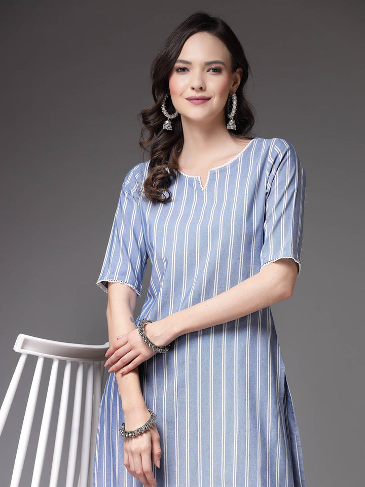Woven Striped Cotton Blend Straight Kurta Pant Set