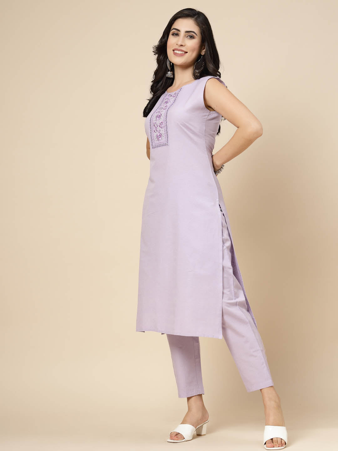 Embroidered Cotton Blend Straight Kurta Pant Set