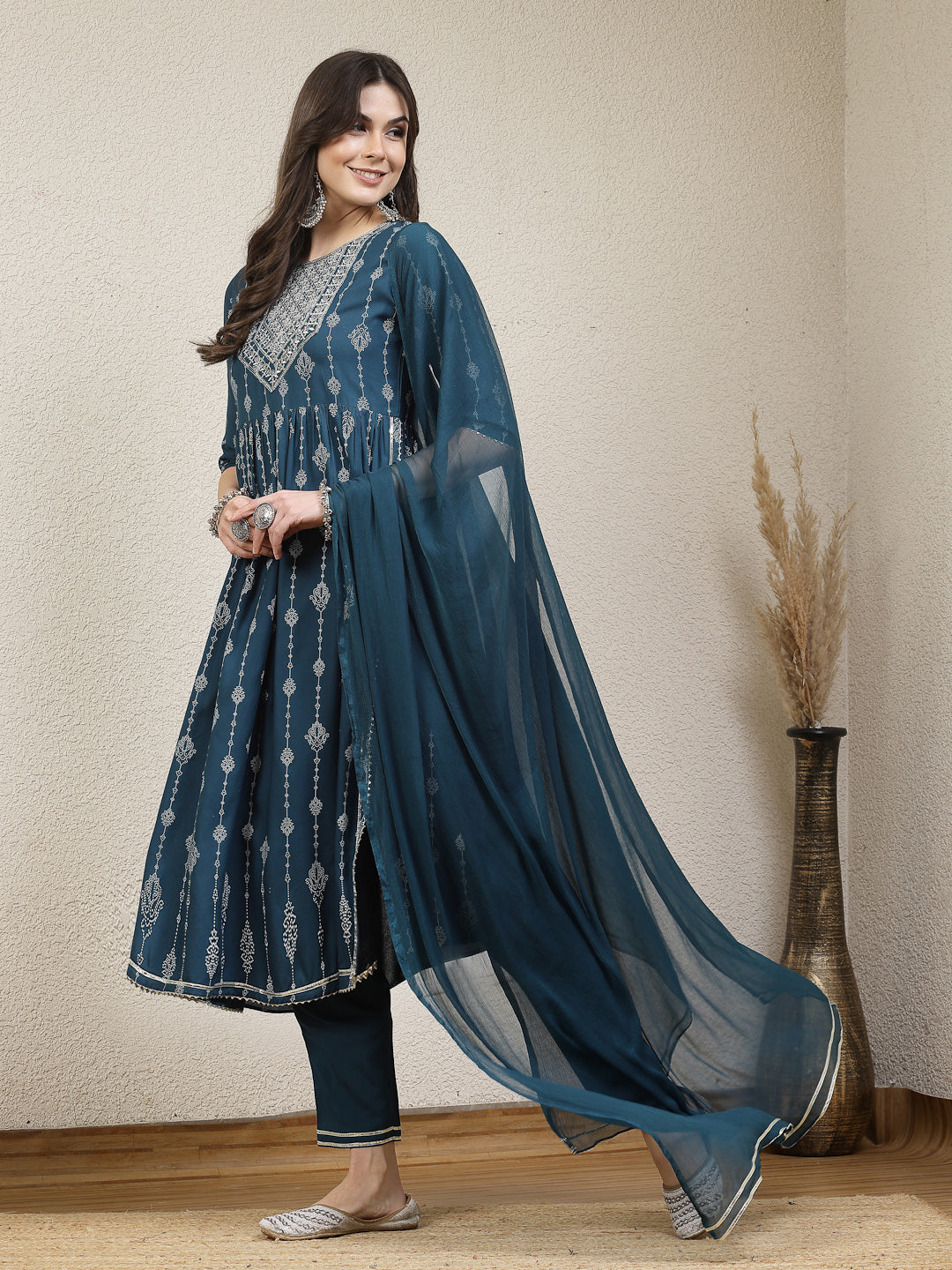 Printed &amp; Embroidered Naira Cut Kurta Pant Dupatta Set