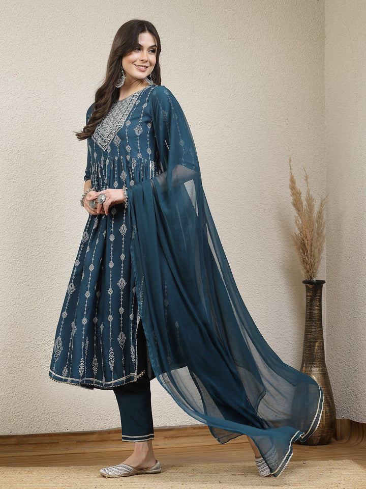 Printed &amp; Embroidered Naira Cut Kurta Pant Dupatta Set
