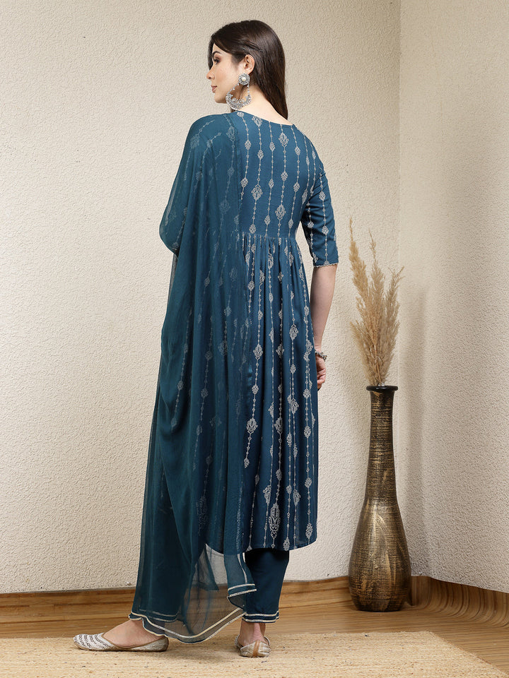 Printed &amp; Embroidered Naira Cut Kurta Pant Dupatta Set