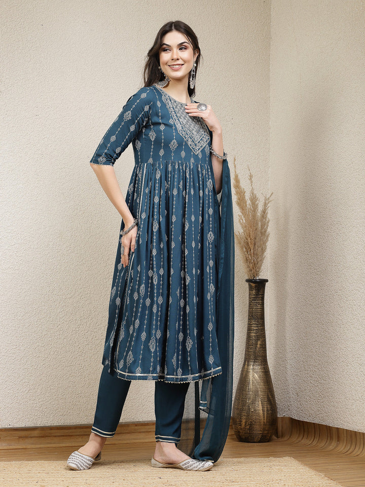 Printed &amp; Embroidered Naira Cut Kurta Pant Dupatta Set