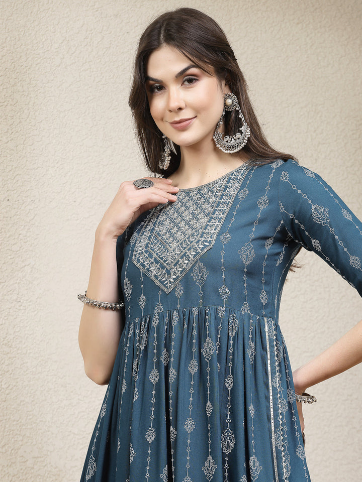 Printed &amp; Embroidered Naira Cut Kurta Pant Dupatta Set