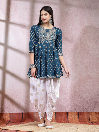 Printed & Embroidered Rayon Kurti with Dhoti Pant