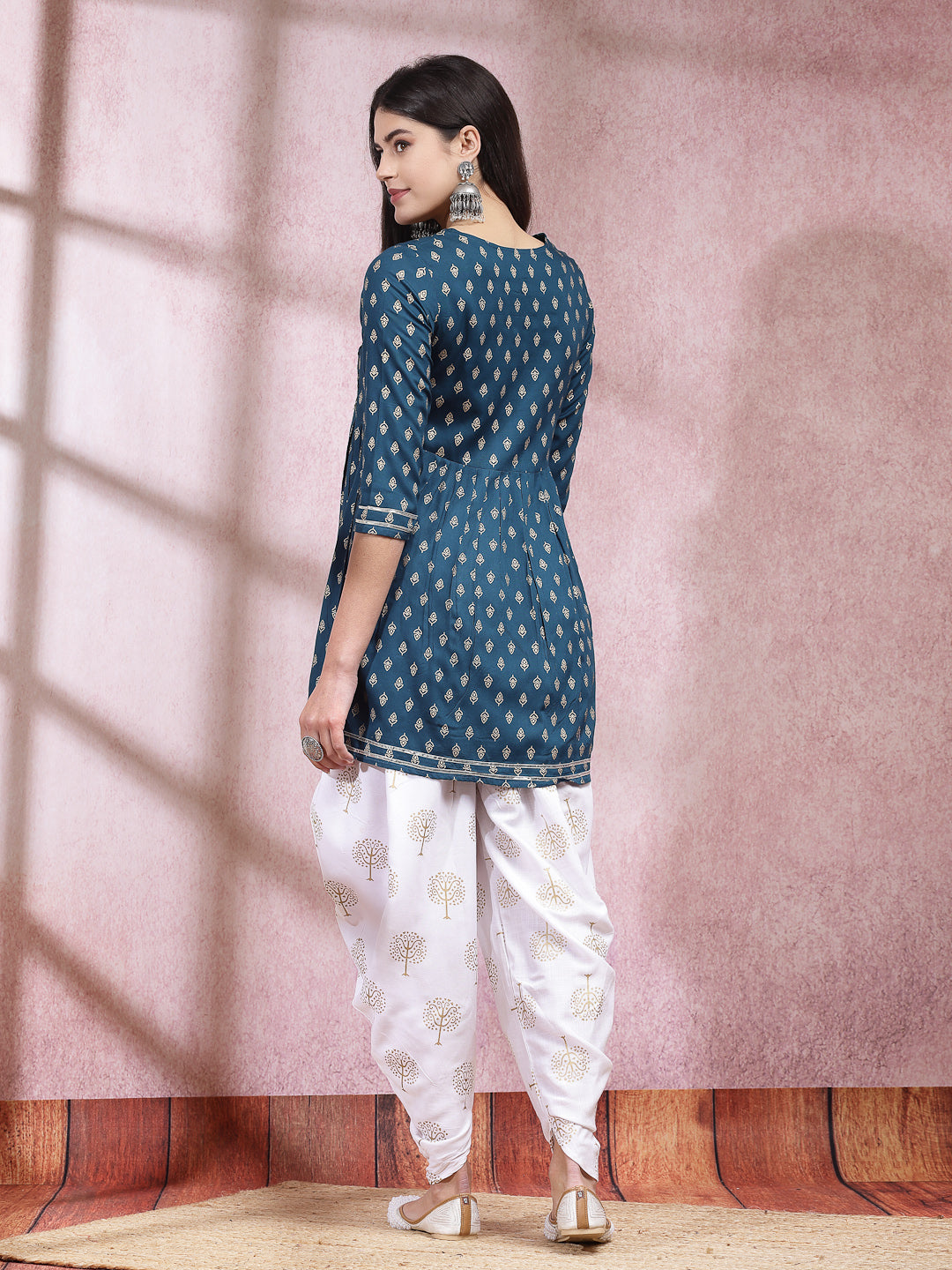 Printed &amp; Embroidered Rayon Kurti with Dhoti Pant