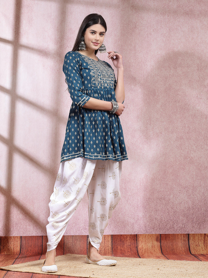 Printed &amp; Embroidered Rayon Kurti with Dhoti Pant