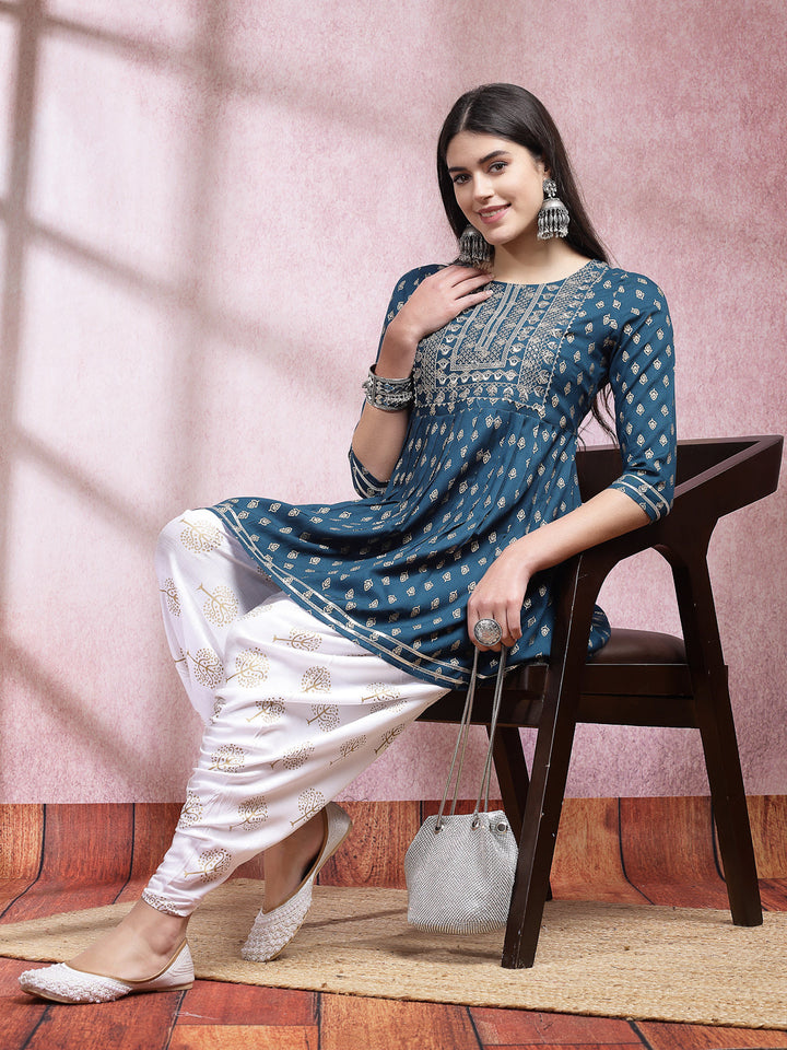 Printed &amp; Embroidered Rayon Kurti with Dhoti Pant