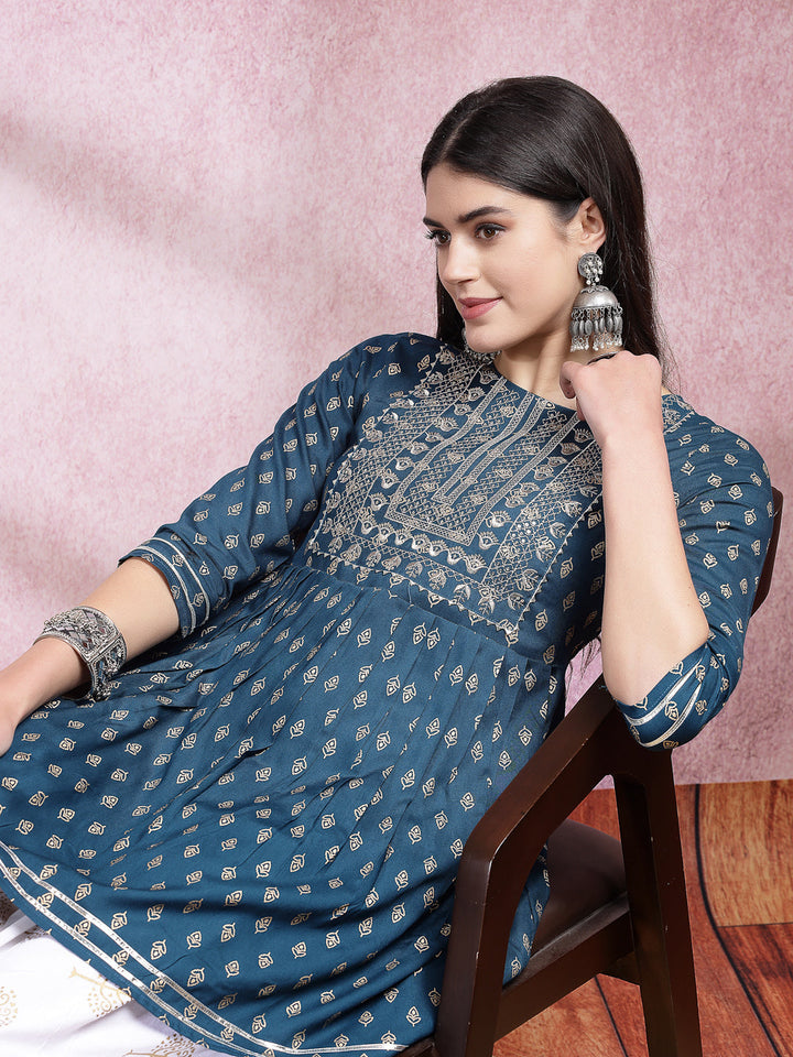 Printed &amp; Embroidered Rayon Kurti with Dhoti Pant