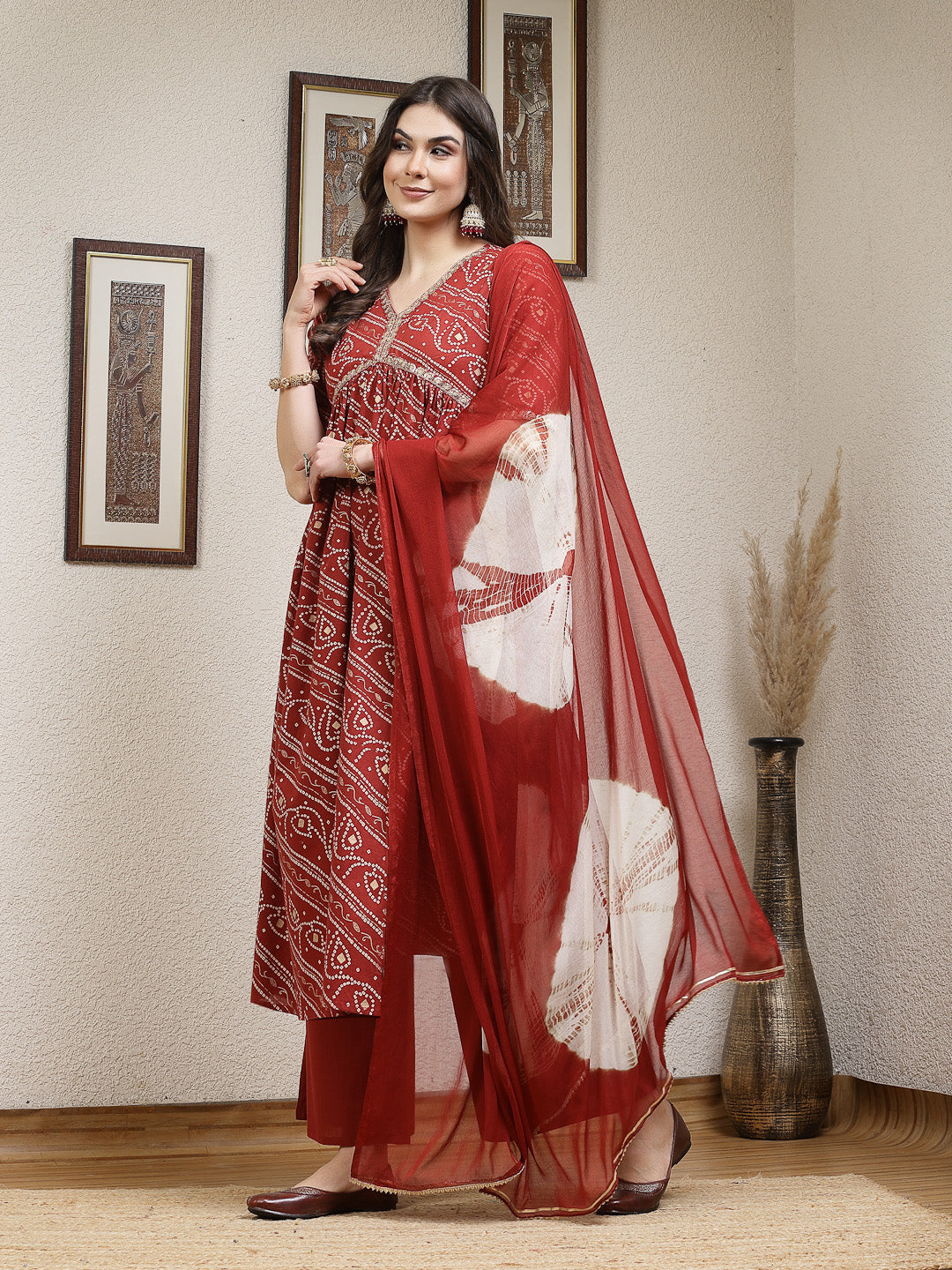 Bandhej Printed Rayon Naira Cut Kurta Palazzo Dupatta Set
