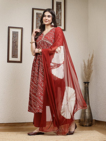 Bandhej Printed Rayon Naira Cut Kurta Palazzo Dupatta Set