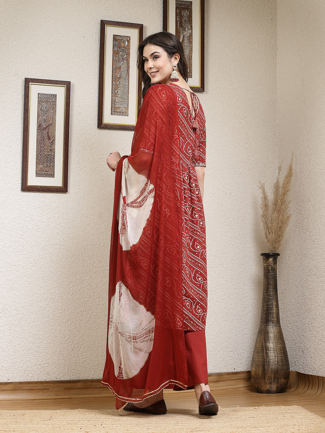 Bandhej Printed Rayon Naira Cut Kurta Palazzo Dupatta Set