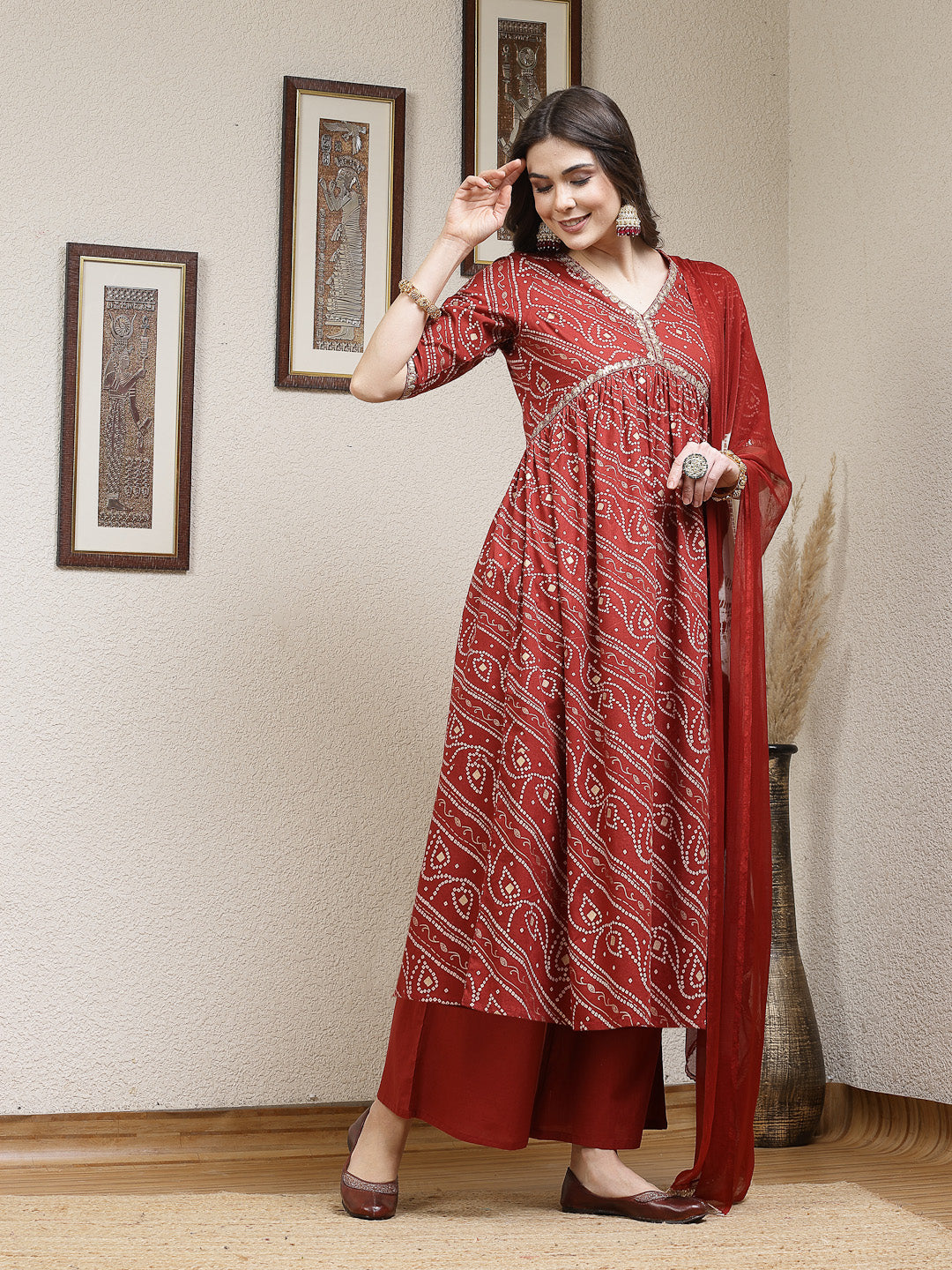 Bandhej Printed Rayon Naira Cut Kurta Palazzo Dupatta Set
