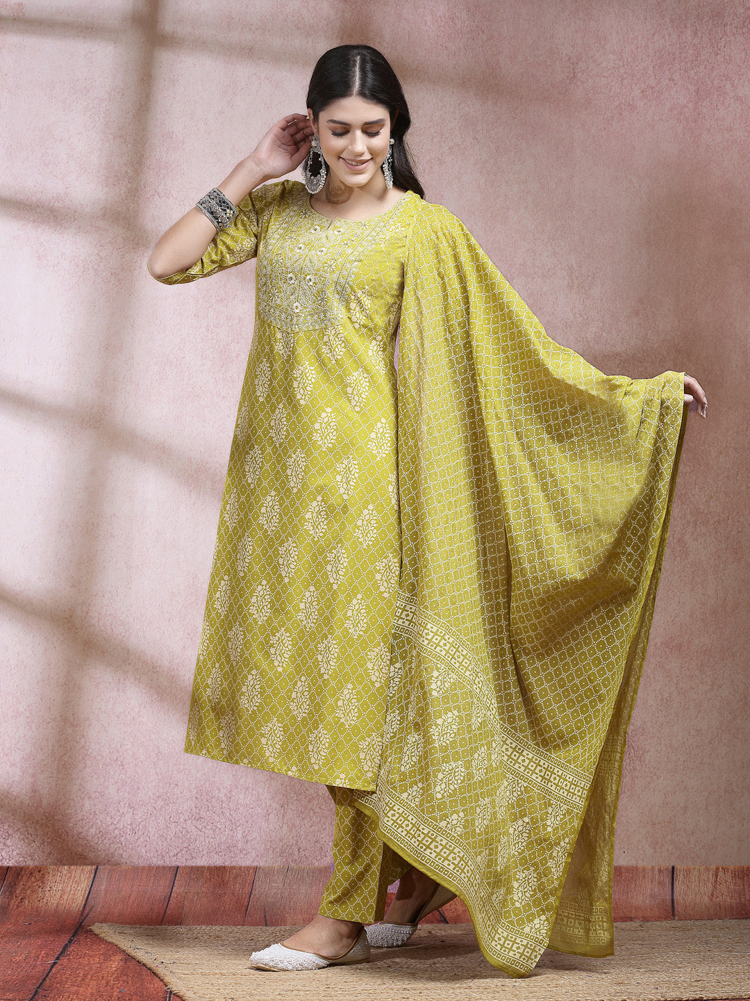 Printed &amp; Embroidered Rayon Straight Kurta Pant Dupatta Set