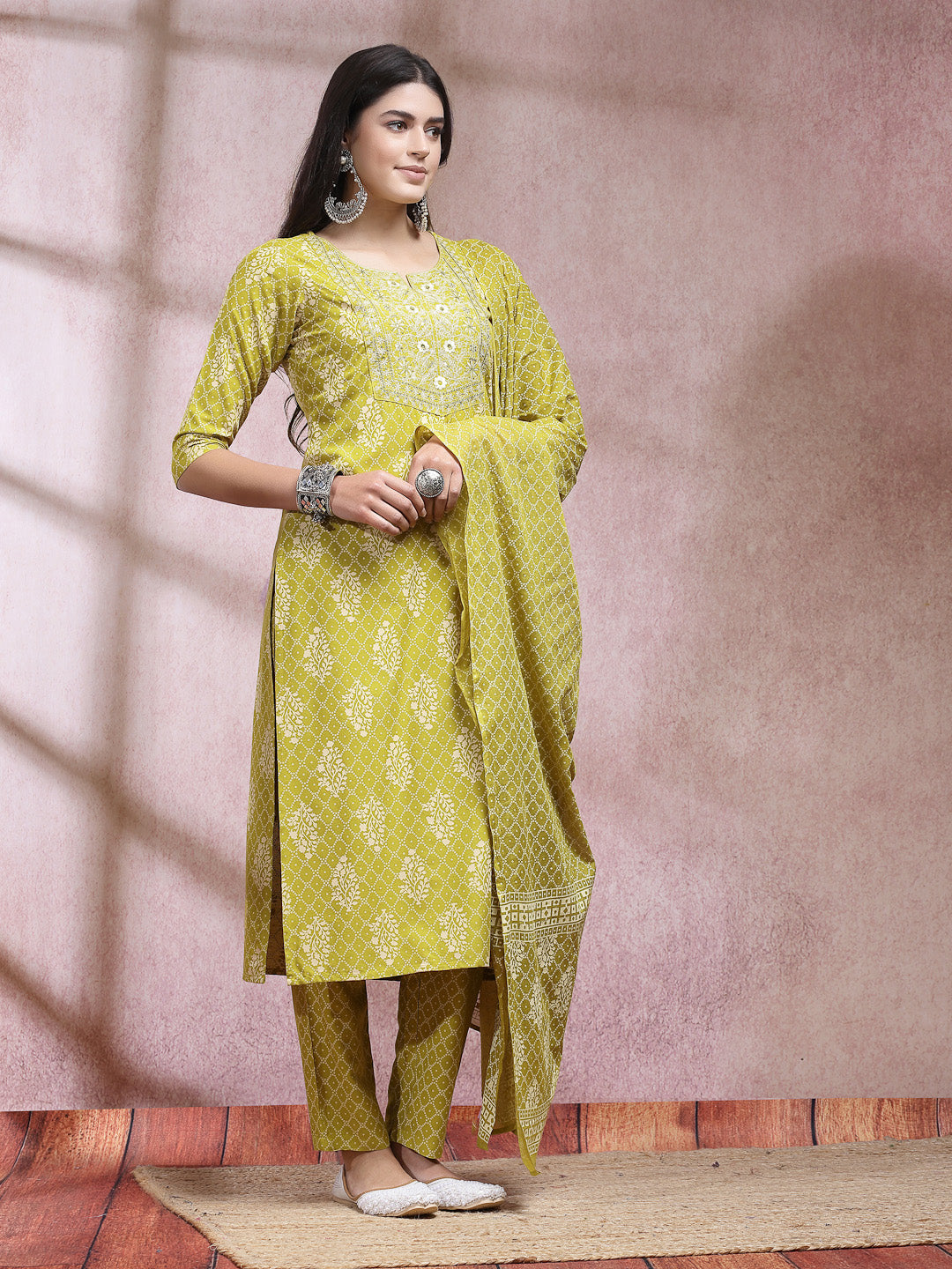 Printed &amp; Embroidered Rayon Straight Kurta Pant Dupatta Set