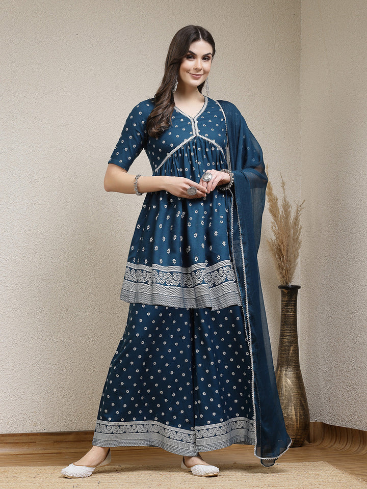 Ethnic Motif Printed Naira Cut Rayon Kurta Palazzo Dupatta Set