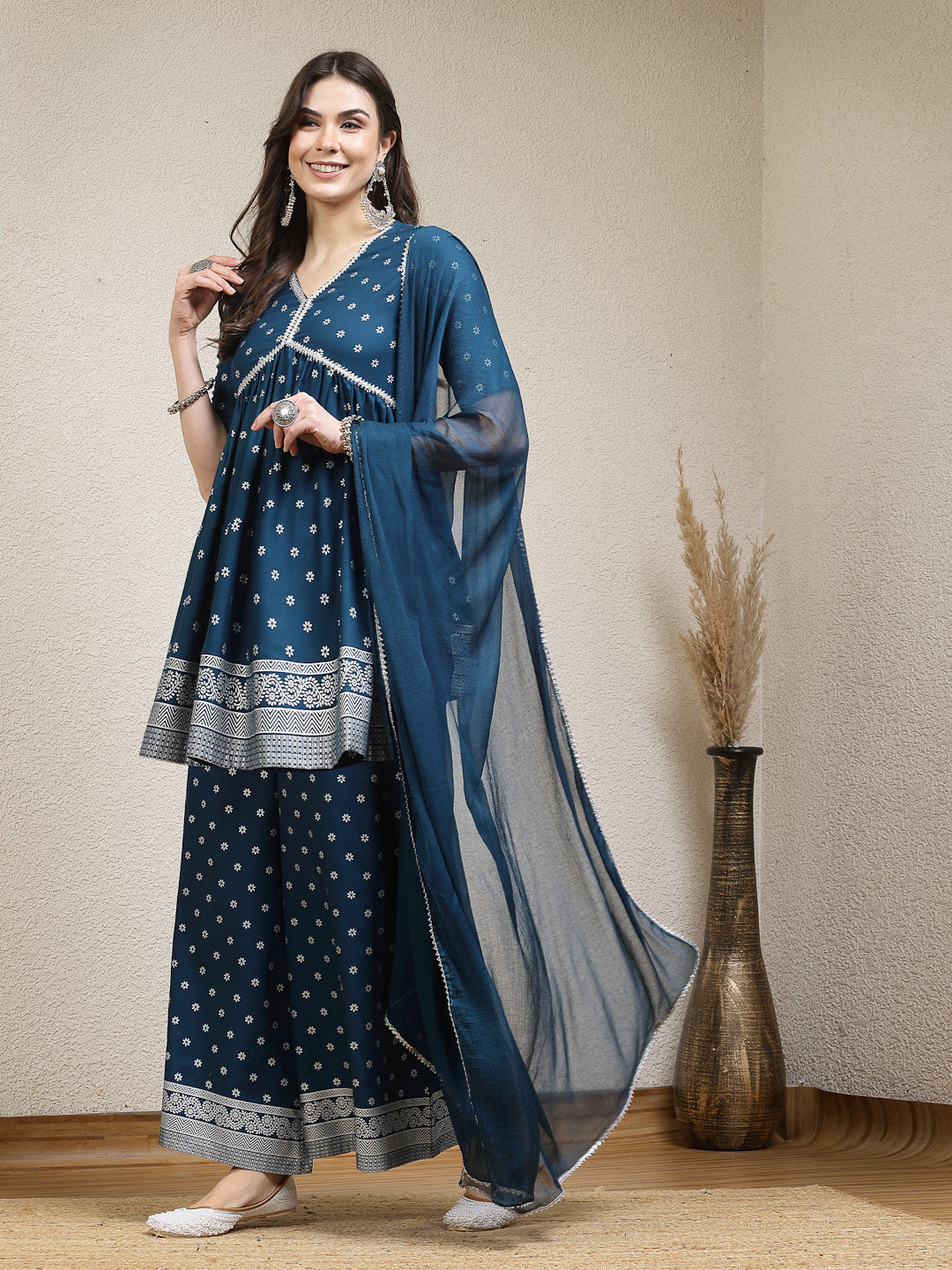 Ethnic Motif Printed Naira Cut Rayon Kurta Palazzo Dupatta Set