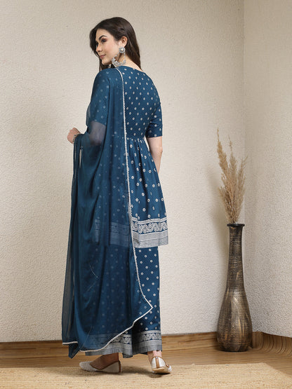 Ethnic Motif Printed Naira Cut Rayon Kurta Palazzo Dupatta Set