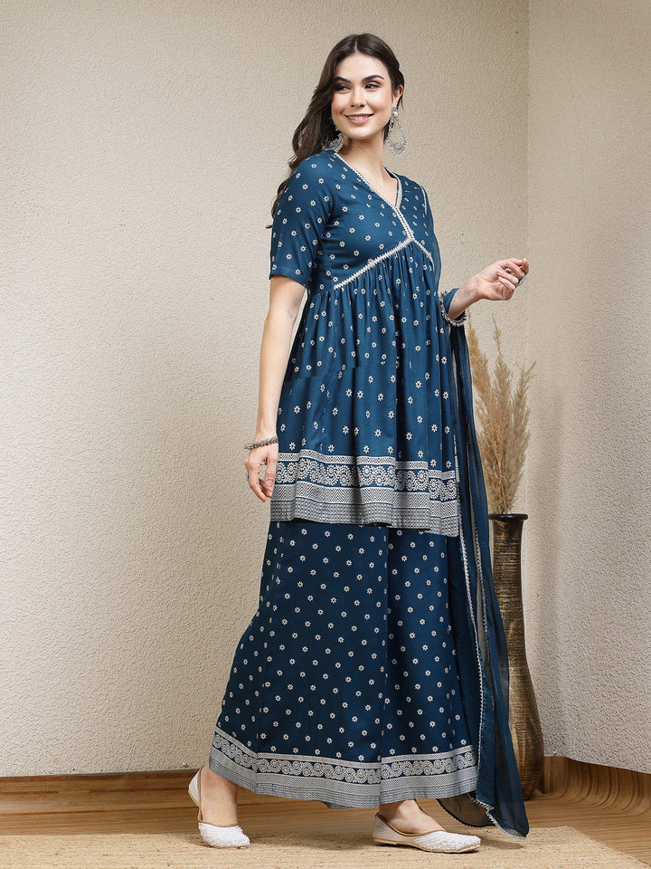 Ethnic Motif Printed Naira Cut Rayon Kurta Palazzo Dupatta Set