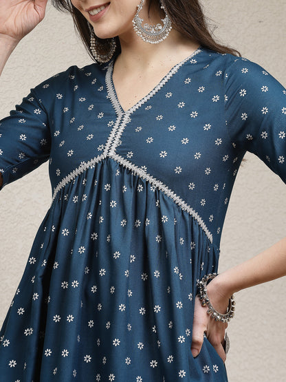 Ethnic Motif Printed Naira Cut Rayon Kurta Palazzo Dupatta Set