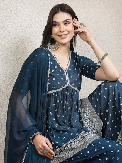 Ethnic Motif Printed Naira Cut Rayon Kurta Palazzo Dupatta Set