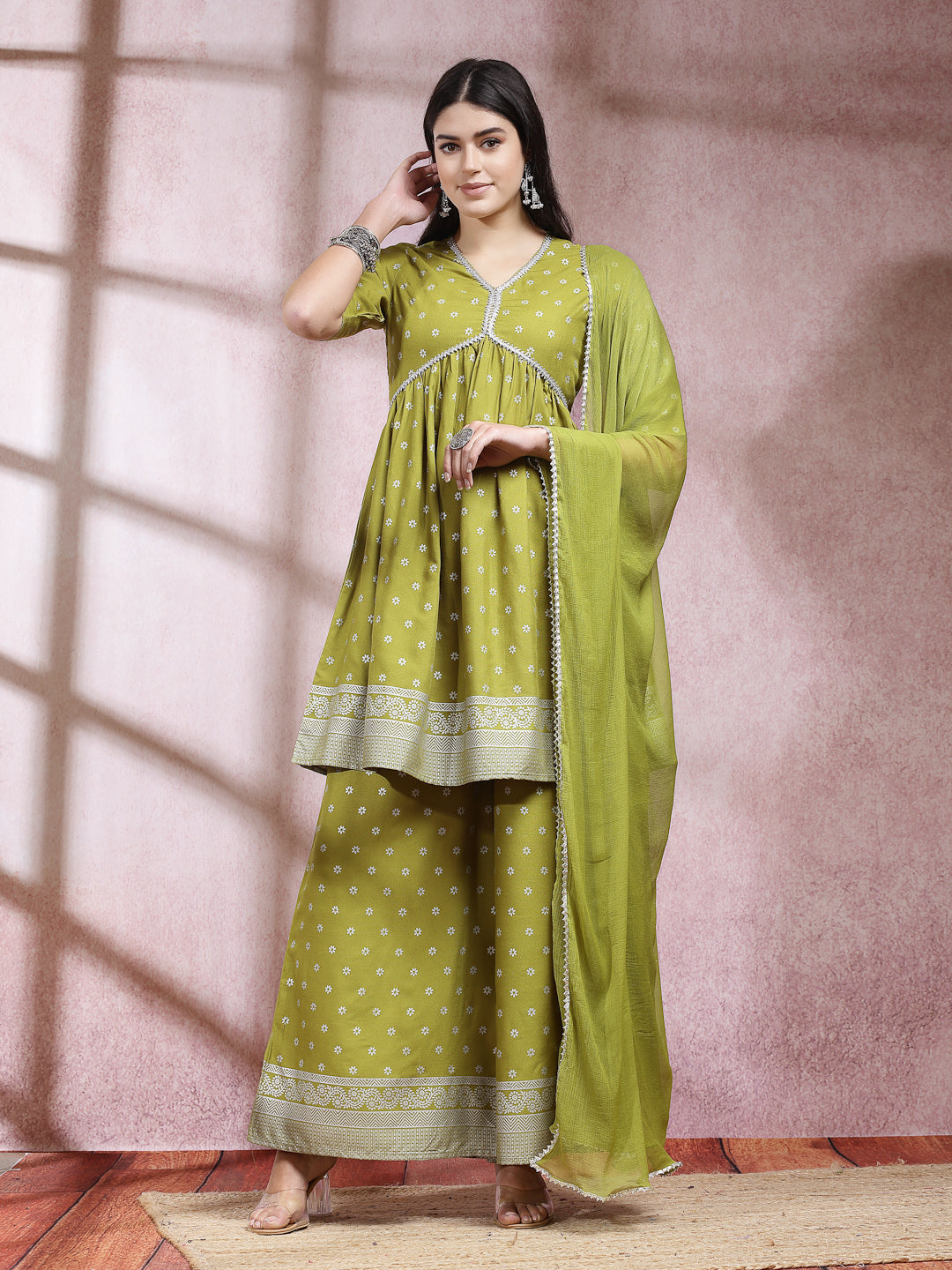 Ethnic Motif Printed Naira Cut Rayon Kurta Palazzo Dupatta Set