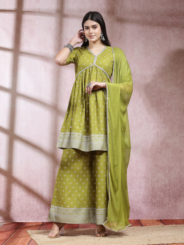 Ethnic Motif Printed Naira Cut Rayon Kurta Palazzo Dupatta Set
