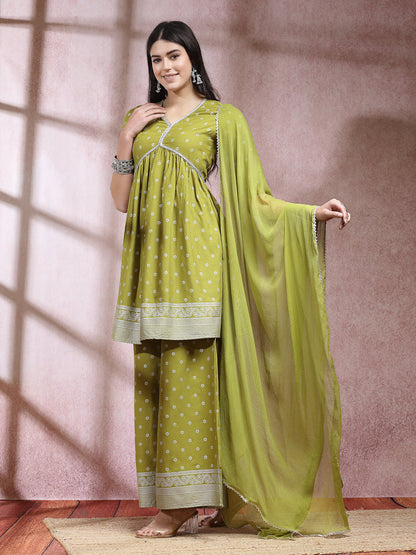 Ethnic Motif Printed Naira Cut Rayon Kurta Palazzo Dupatta Set