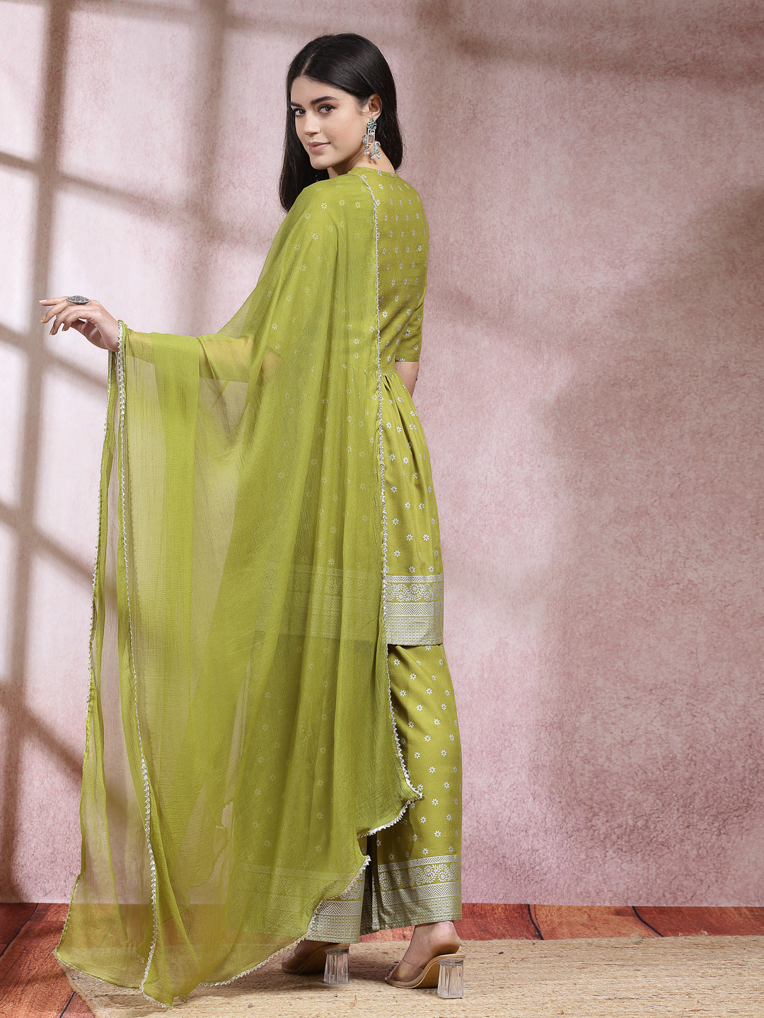 Ethnic Motif Printed Naira Cut Rayon Kurta Palazzo Dupatta Set