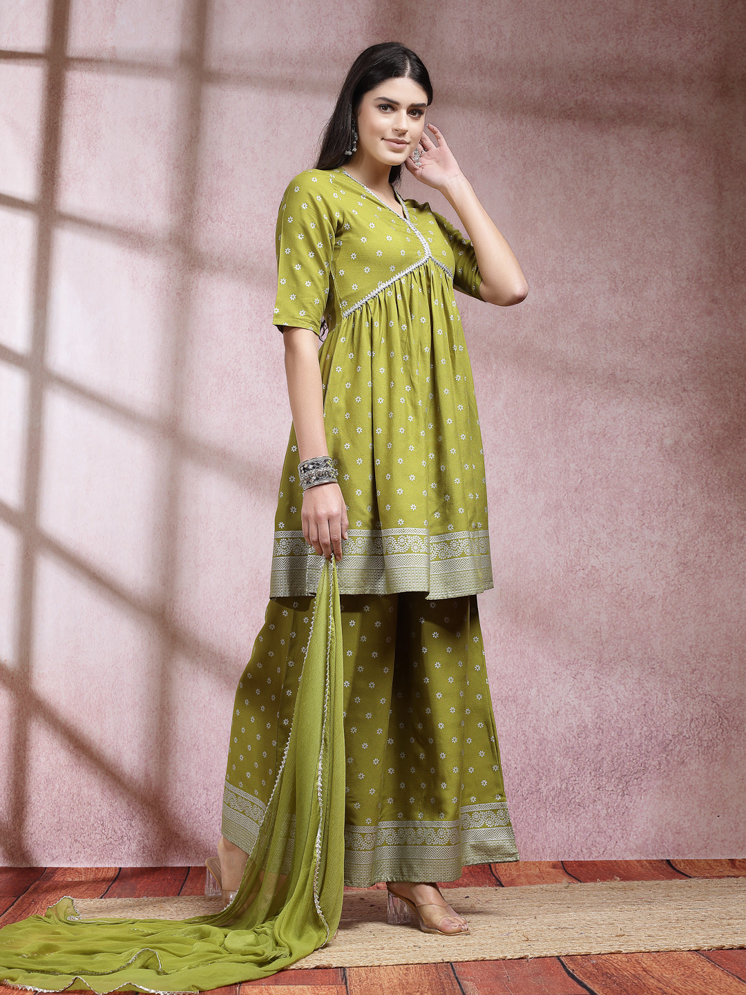 Ethnic Motif Printed Naira Cut Rayon Kurta Palazzo Dupatta Set