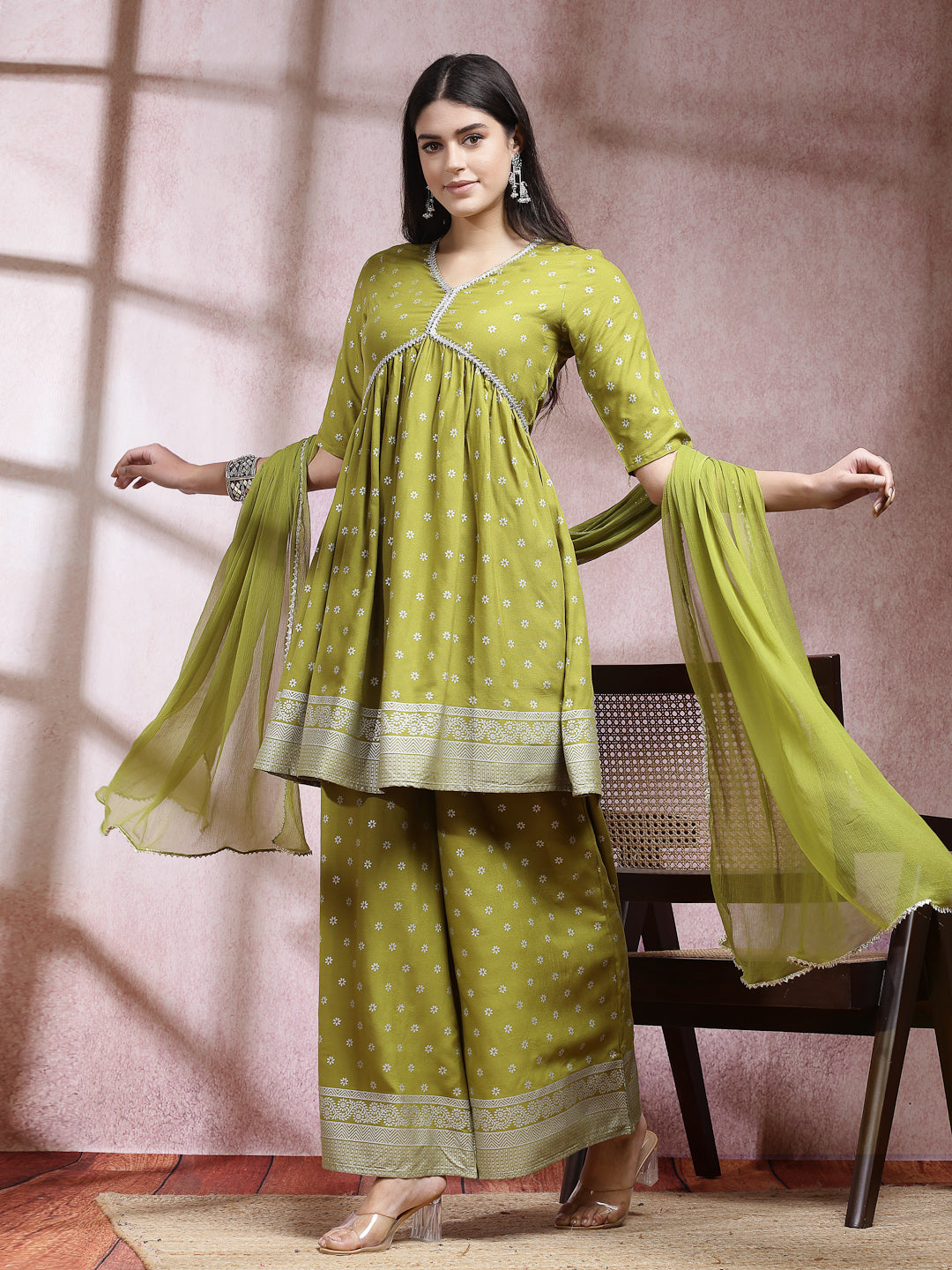 Ethnic Motif Printed Naira Cut Rayon Kurta Palazzo Dupatta Set