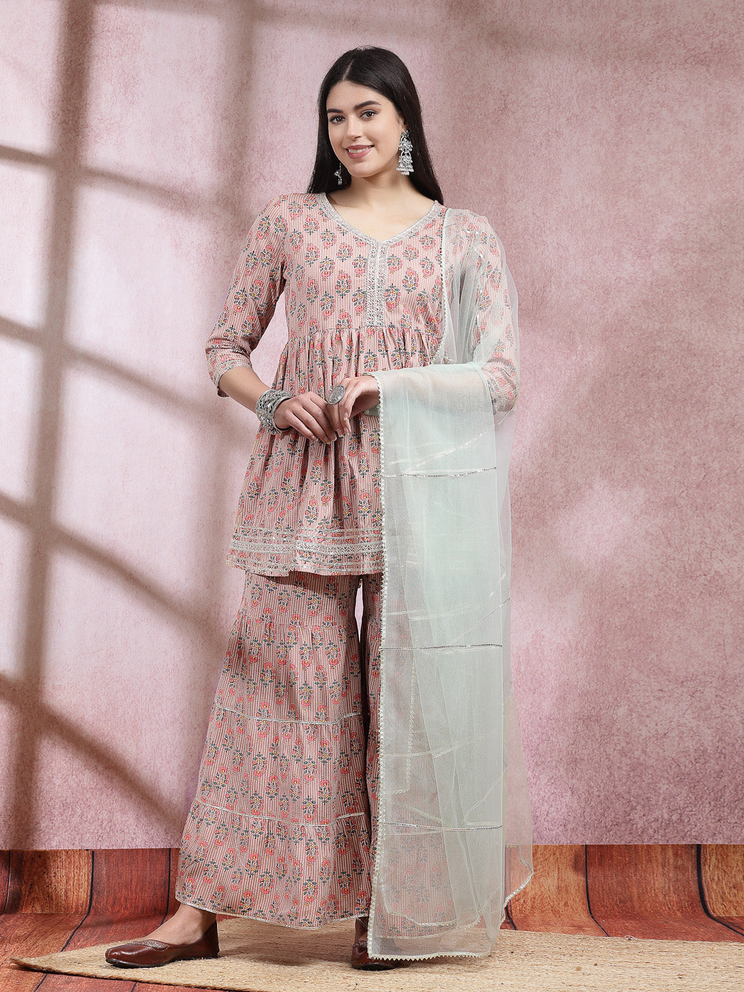 Floral Printed Rayon Kurta Sharara Dupatta Set