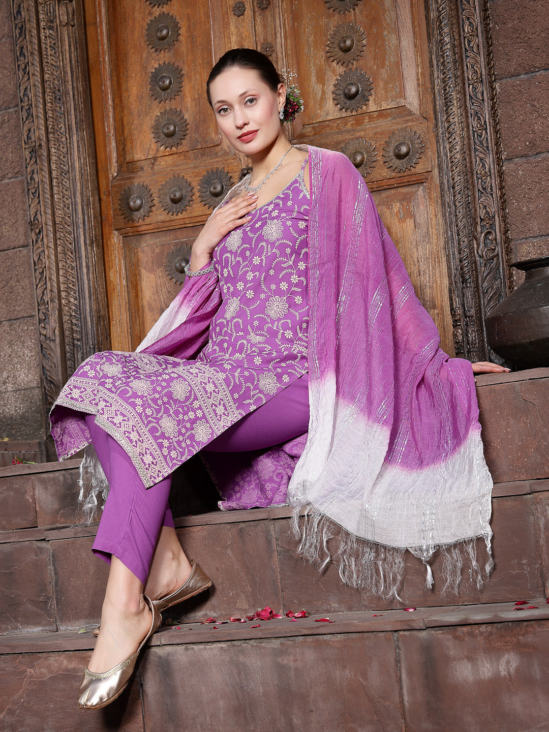 Floral Printed Rayon Straight Kurta Pant Dupatta Set