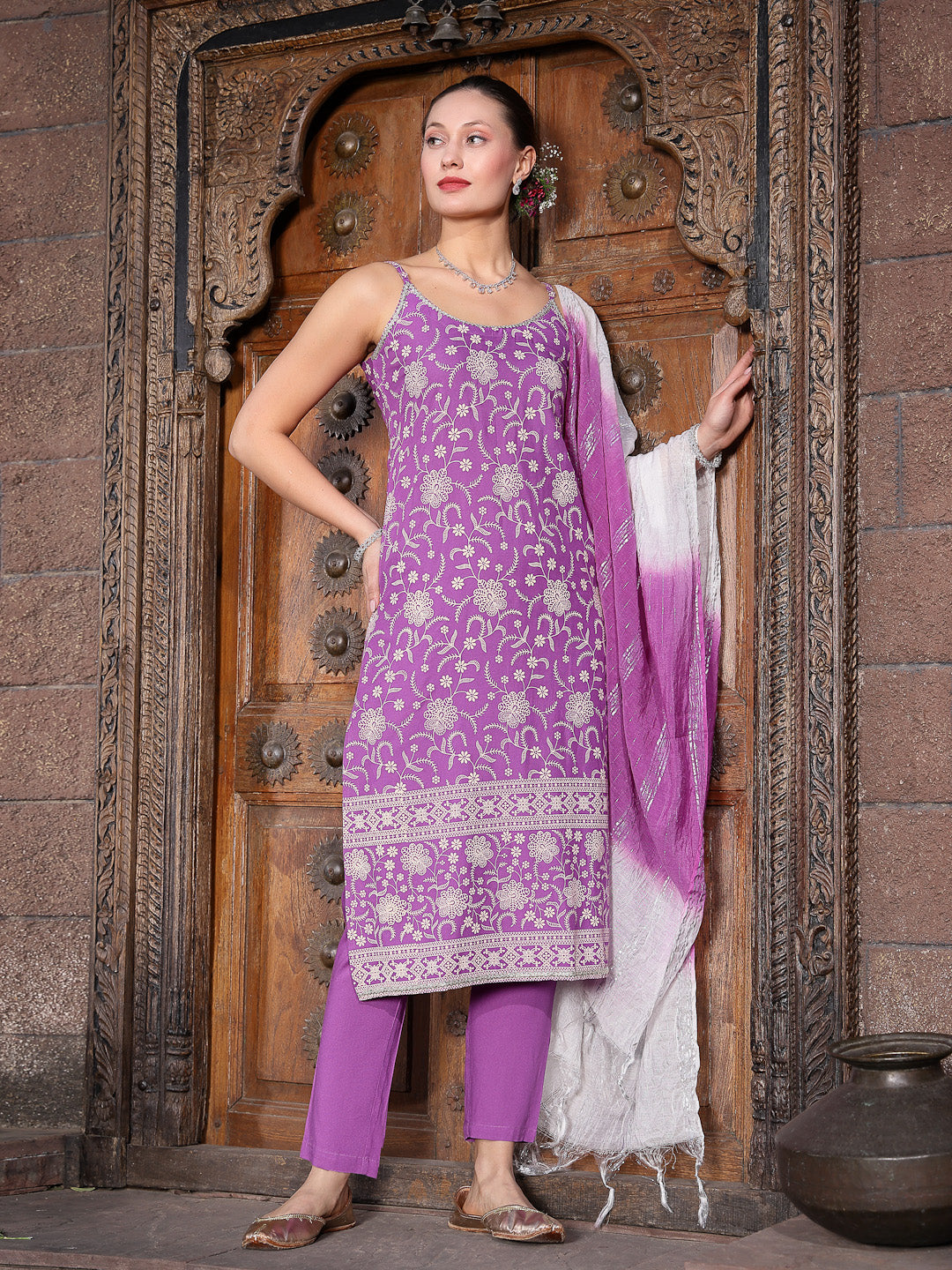 Floral Printed Rayon Straight Kurta Pant Dupatta Set
