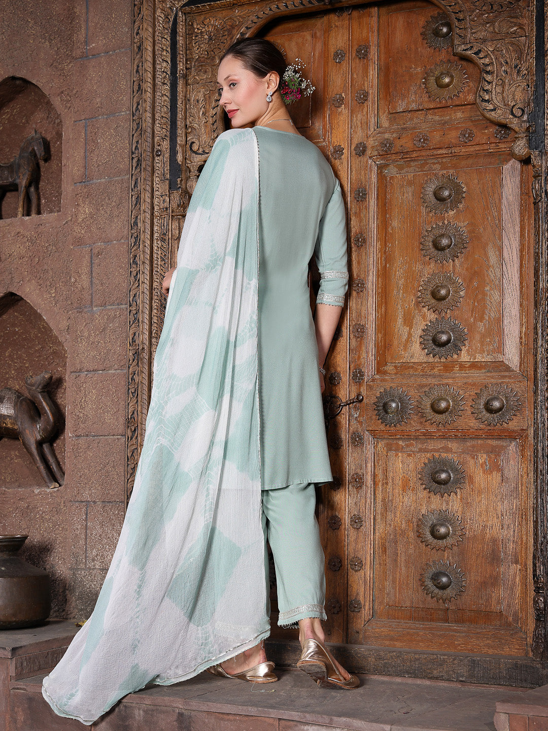 Solid Rayon A-Line Kurta Pant Dupatta Set