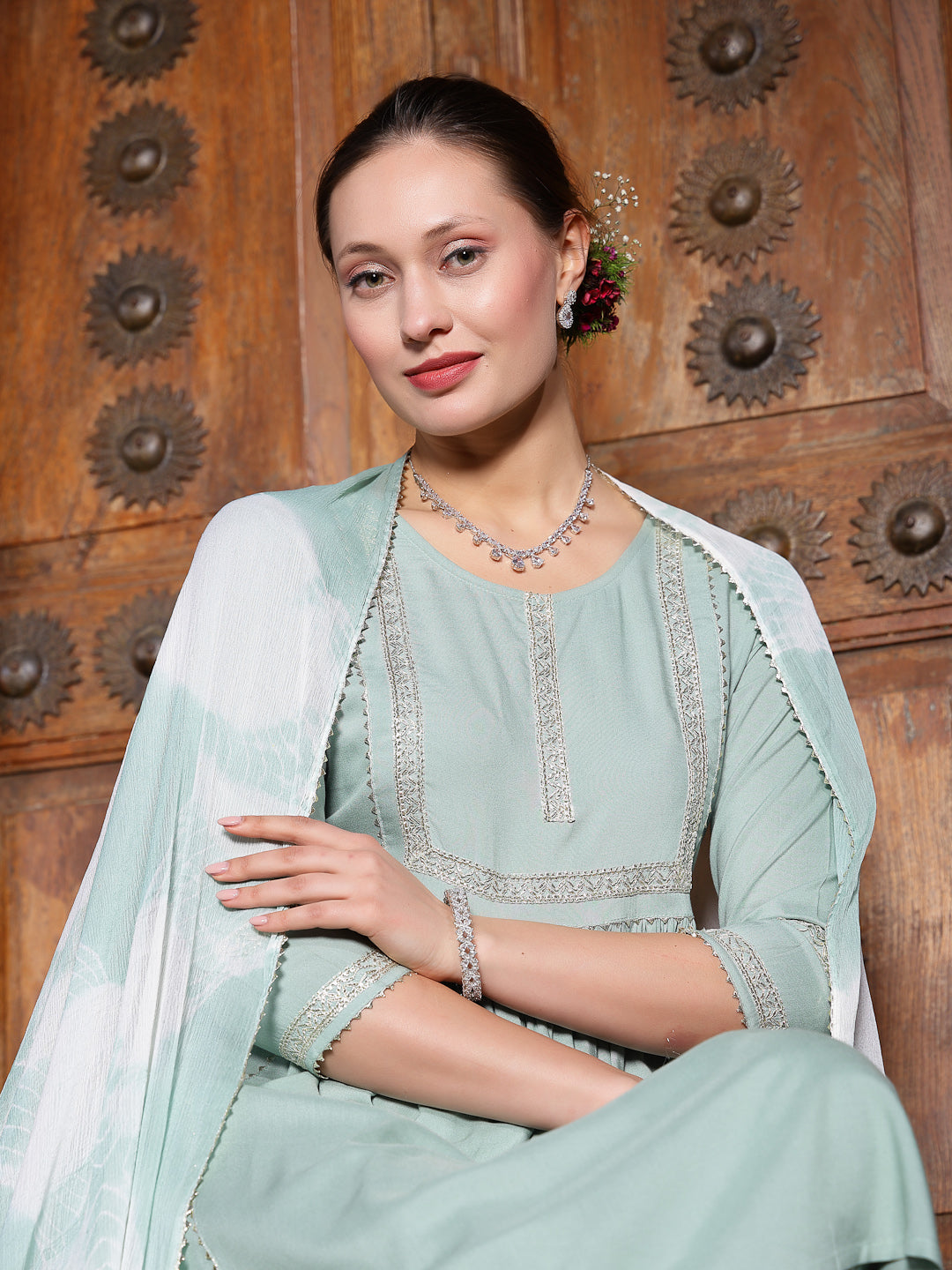 Solid Rayon A-Line Kurta Pant Dupatta Set