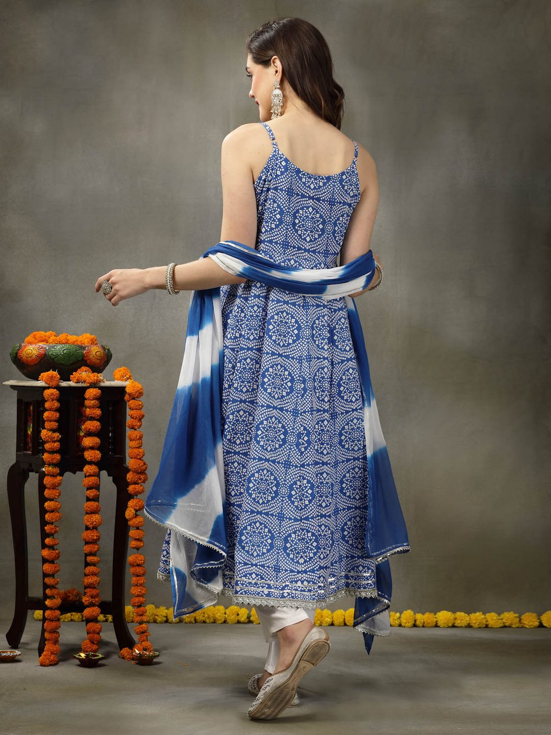 Bandhej Printed Rayon Anarkali Kurta Pant Dupatta Set