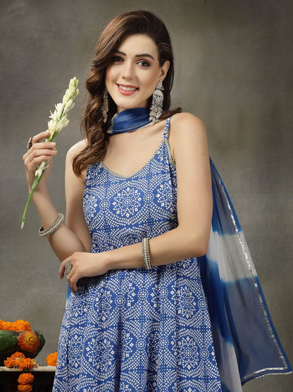 Bandhej Printed Rayon Anarkali Kurta Pant Dupatta Set