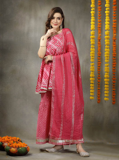 Lehariya Printed & Embroidered Cotton Kurta Sharara Dupatta Set