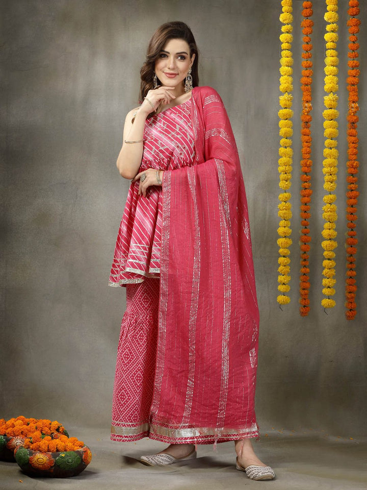 Lehariya Printed &amp; Embroidered Cotton Kurta Sharara Dupatta Set