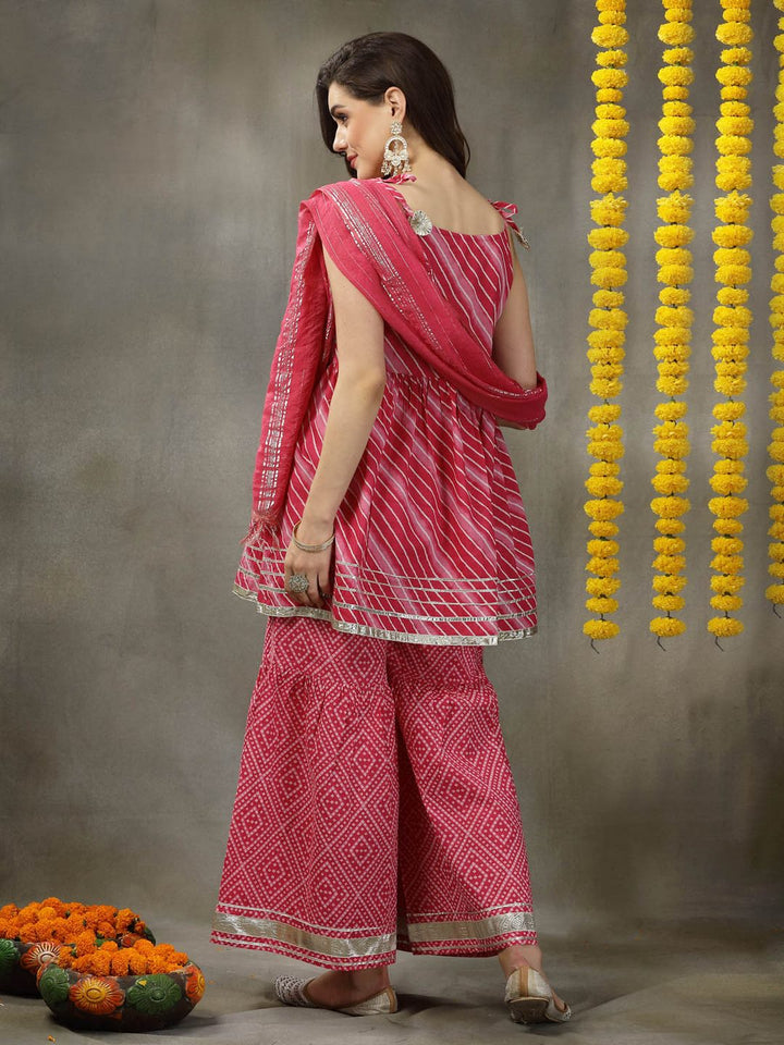 Lehariya Printed &amp; Embroidered Cotton Kurta Sharara Dupatta Set