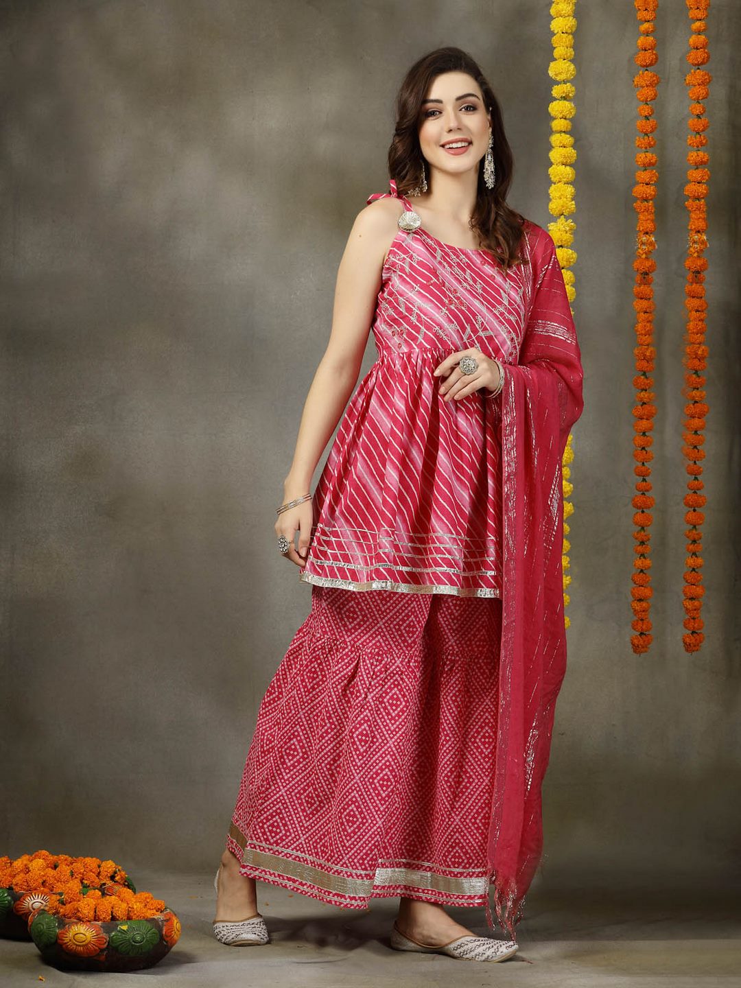 Lehariya Printed & Embroidered Cotton Kurta Sharara Dupatta Set