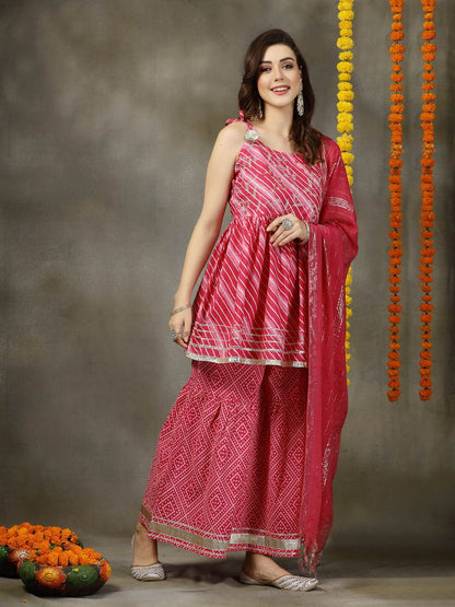 Lehariya Printed & Embroidered Cotton Kurta Sharara Dupatta Set