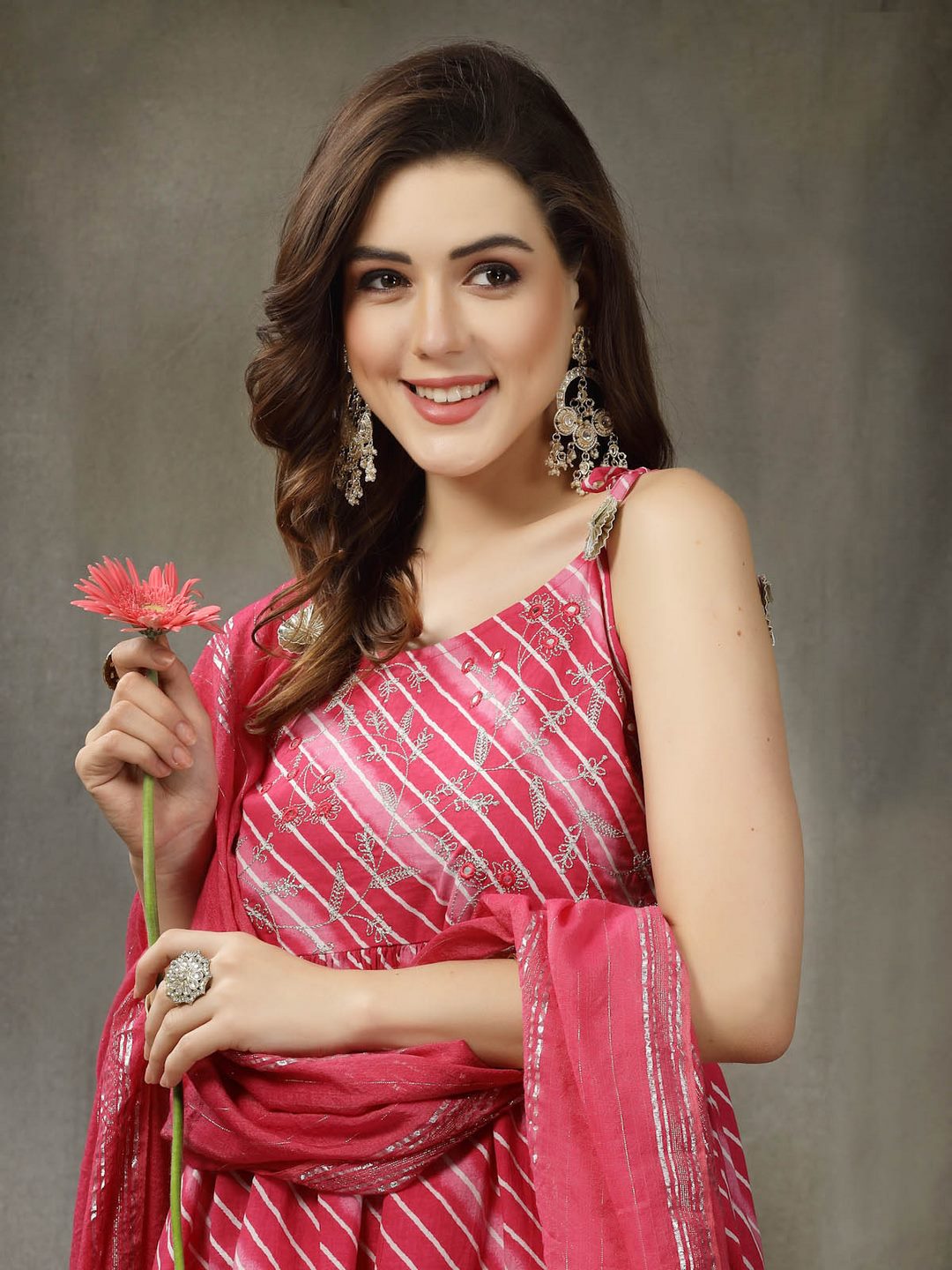 Lehariya Printed &amp; Embroidered Cotton Kurta Sharara Dupatta Set