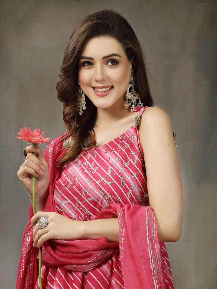 Lehariya Printed &amp; Embroidered Cotton Kurta Sharara Dupatta Set