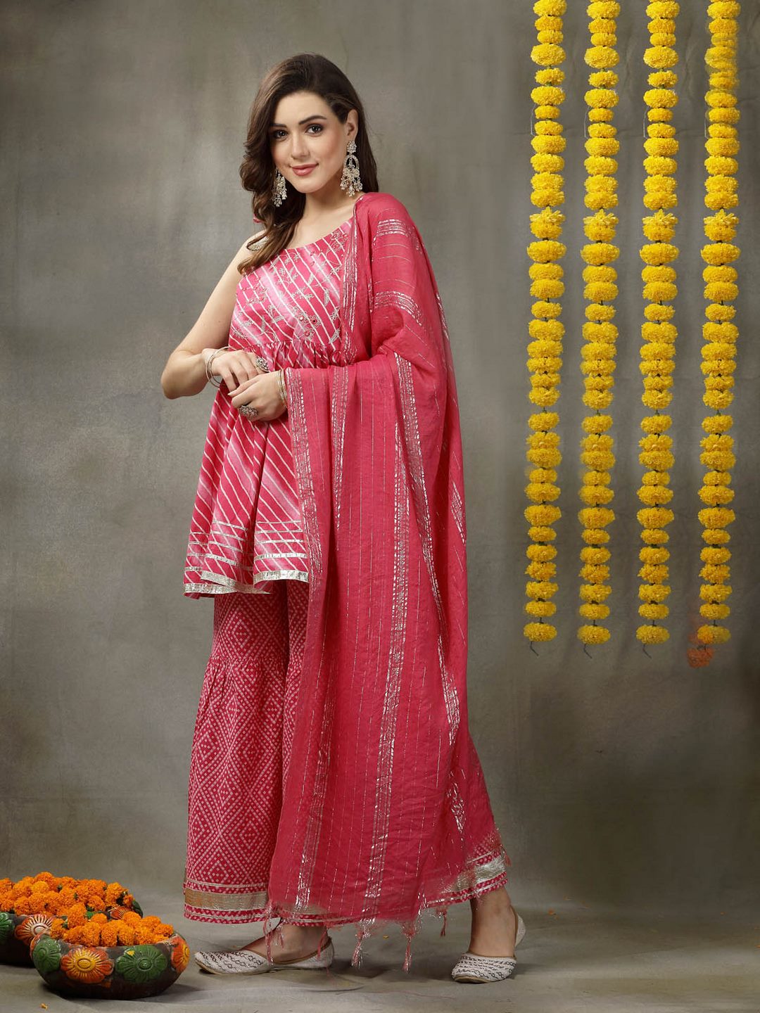 Lehariya Printed &amp; Embroidered Cotton Kurta Sharara Dupatta Set