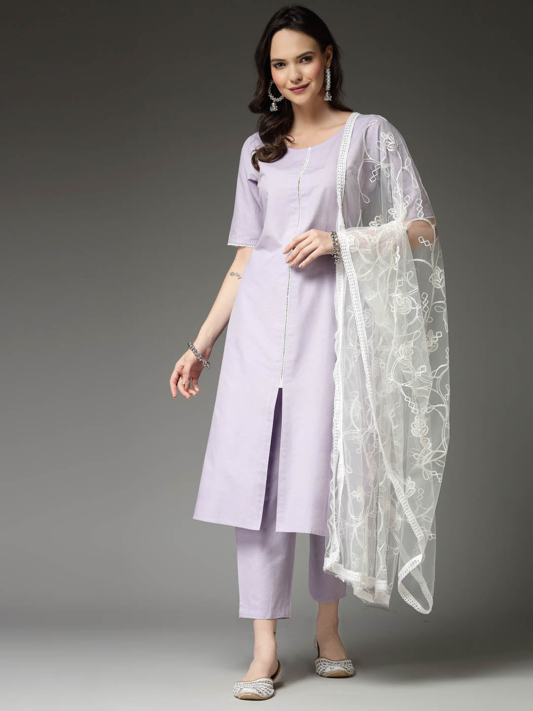 Solid Cotton Blend Straight Kurta Pant Dupatta Set