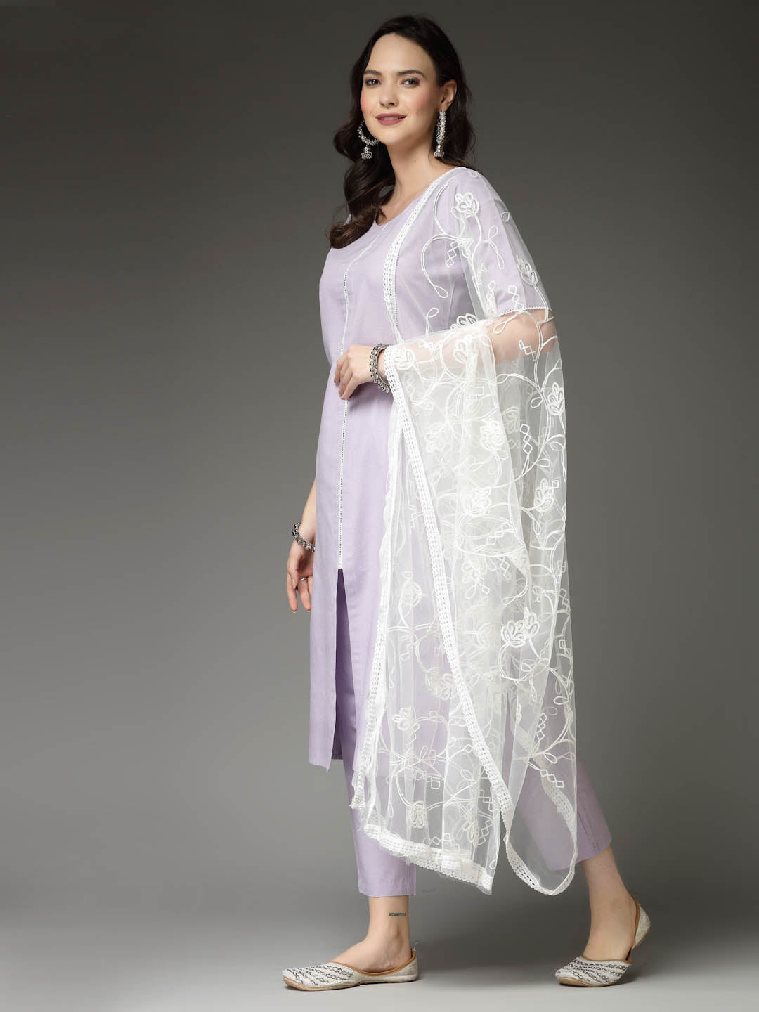 Solid Cotton Blend Straight Kurta Pant Dupatta Set