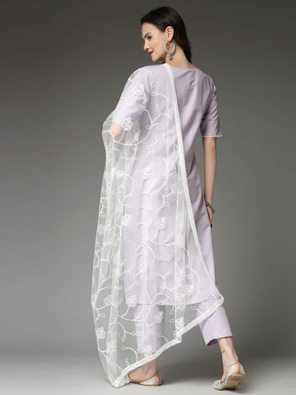 Solid Cotton Blend Straight Kurta Pant Dupatta Set